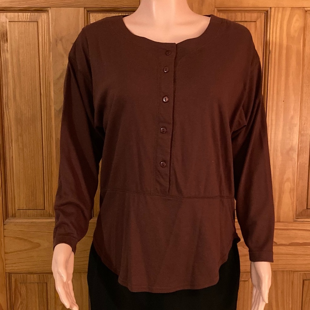 NWOT Gitano Vintage 80s Henley Top Long Sleeve Blouse Brown Size S Small